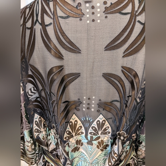 Eci 1X silk burnout tunic top tie backs fit & flare blue brown sheer Boho blouse - Picture 4 of 6